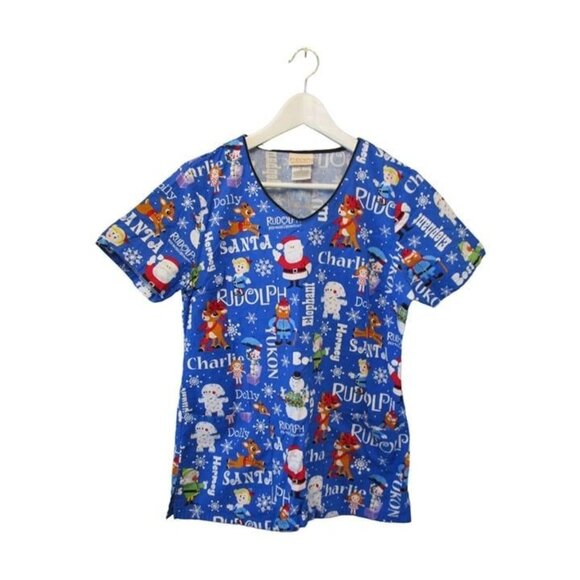 Rudolph the Red Nose Reindeer Size Small Womens Blue & Red Scrub Top #N-1-7 - Picture 1 of 5